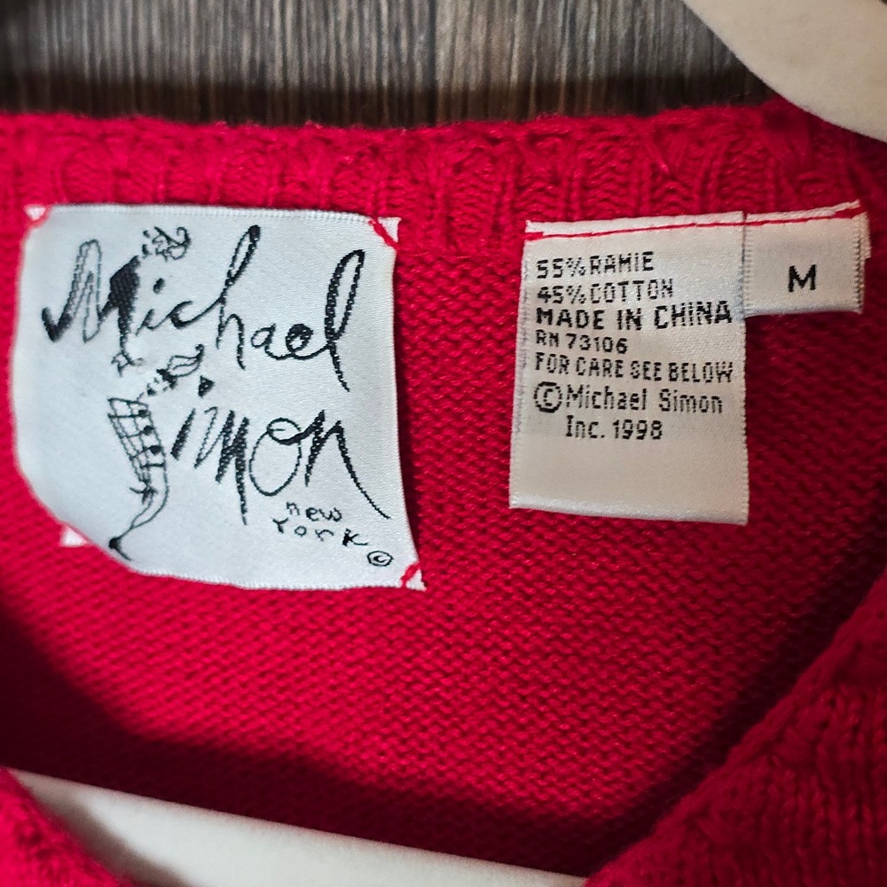 Michael Simon Cow Print Beaded Cardigan Medium Red Womens Vintage 1998 Sweater - Picture 4 of 11